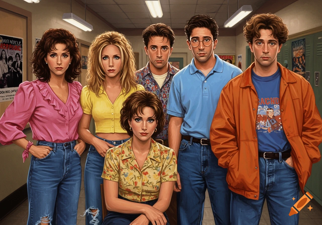 Teenagers resembling the cast of Friends pose in a school hallway.