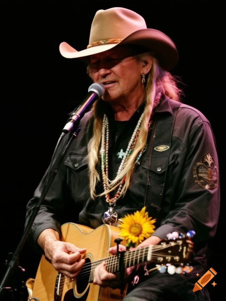 Willie Nelson in a cowboy hat playing an acoustic guitar and singing into a microphone on a dark stage.