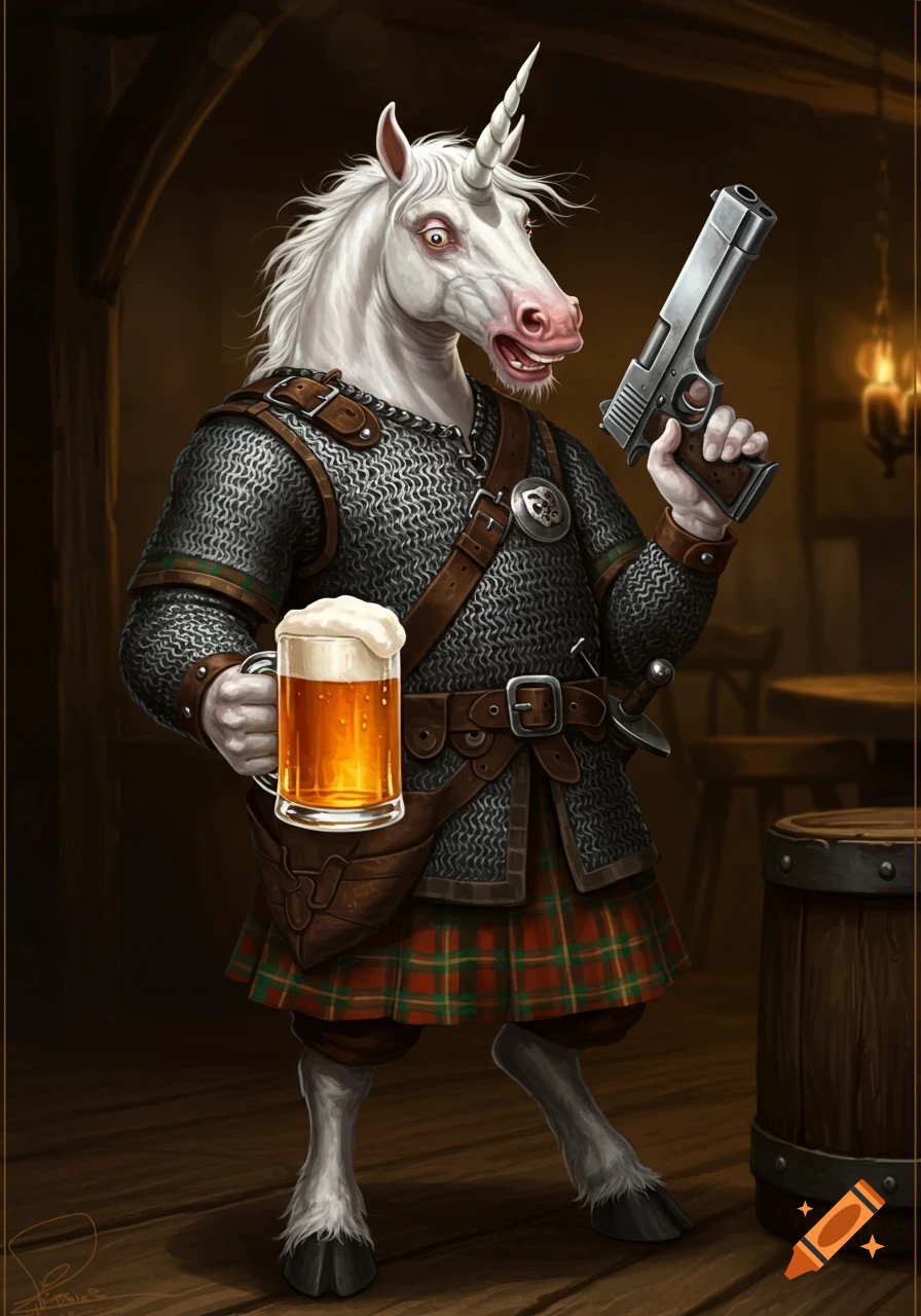 A humanoid unicorn in chainmail and kilt holds a beer and a pistol in a tavern.