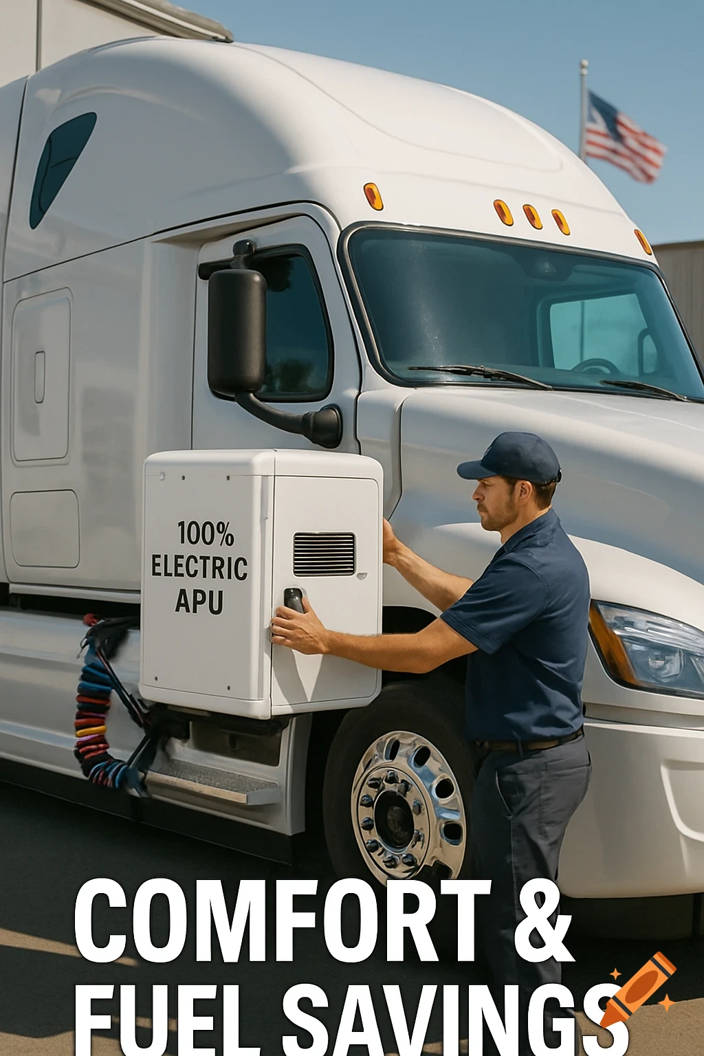 Technician installs electric APU on a semi-truck, with overlay text 'COMFORT & FUEL SAVINGS'.