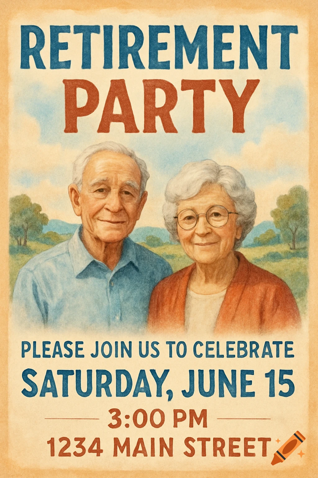 Retirement party flyer with portrait of an older couple in a painted style.