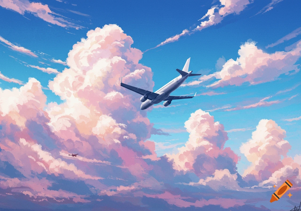 Airplane flies through sky filled with pink and white clouds, illustration.
