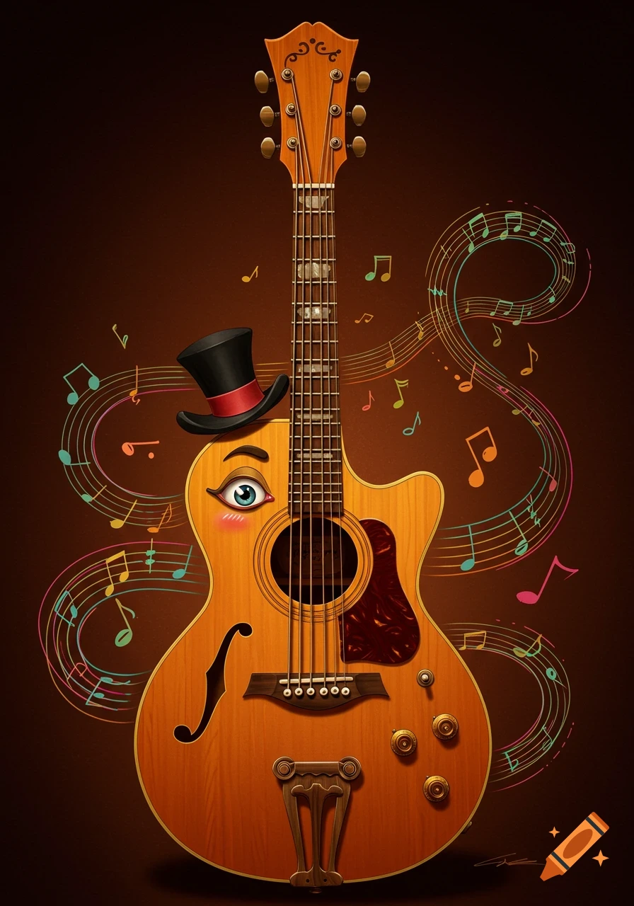Cartoon illustration of a guitar with a face and top hat, surrounded by musical notes.