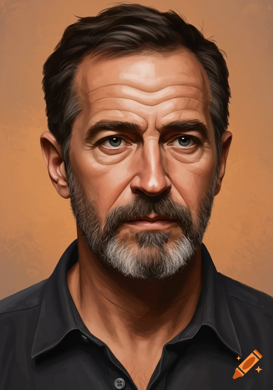 Digital portrait of a man with a beard and serious expression.