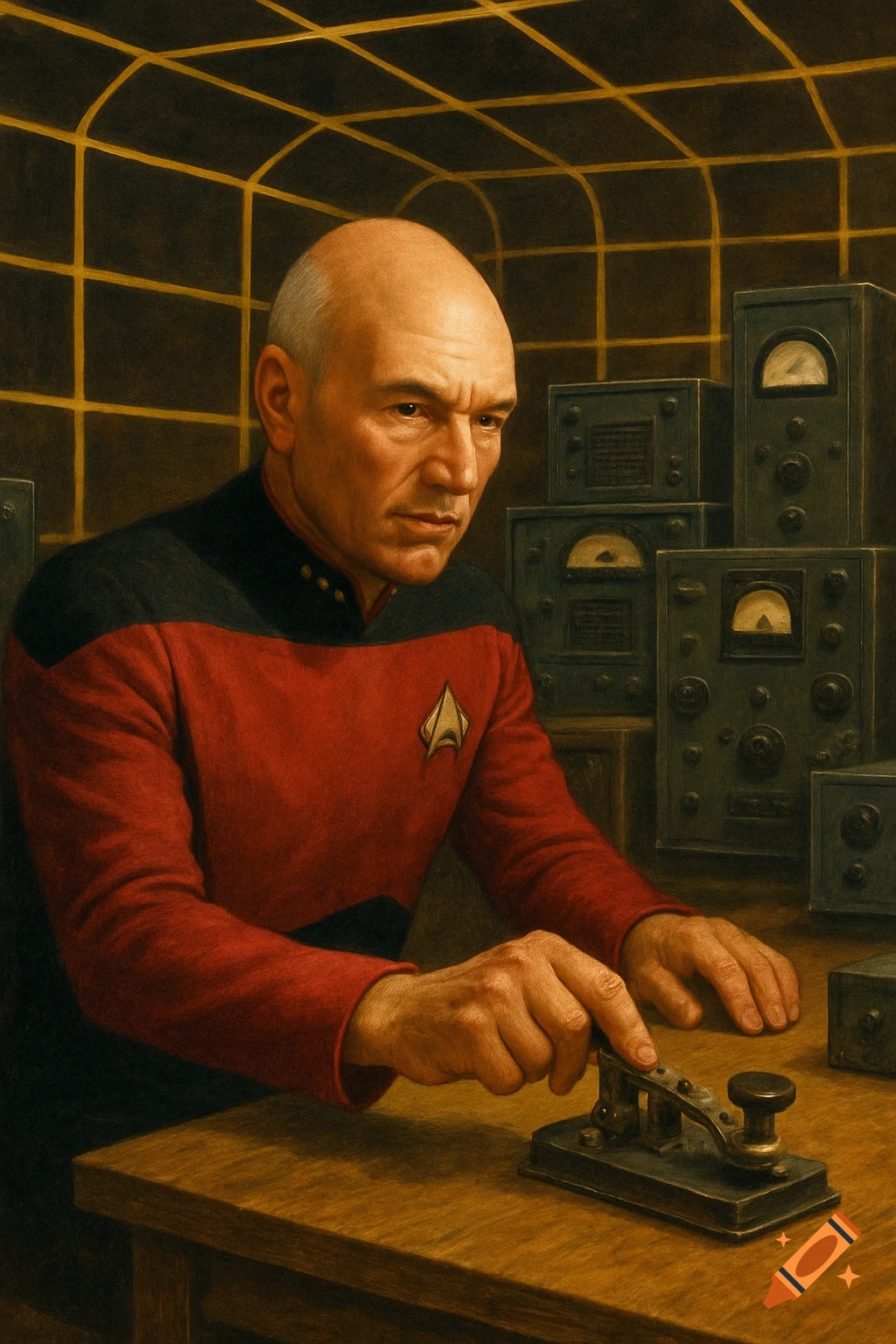 Captain Picard operates a morse code key in a room with vintage radio equipment.