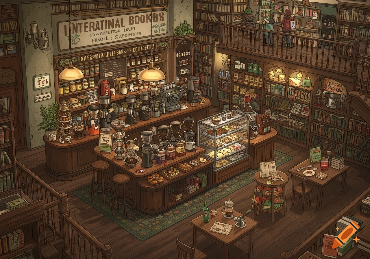 Detailed illustration of a bustling bookstore interior with a coffee bar and tables.