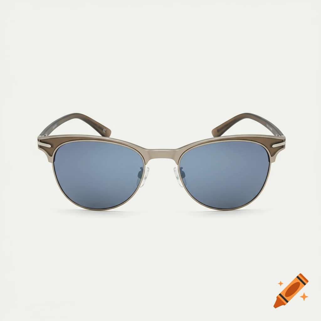 Silver sunglasses with blue mirrored lenses on a white background