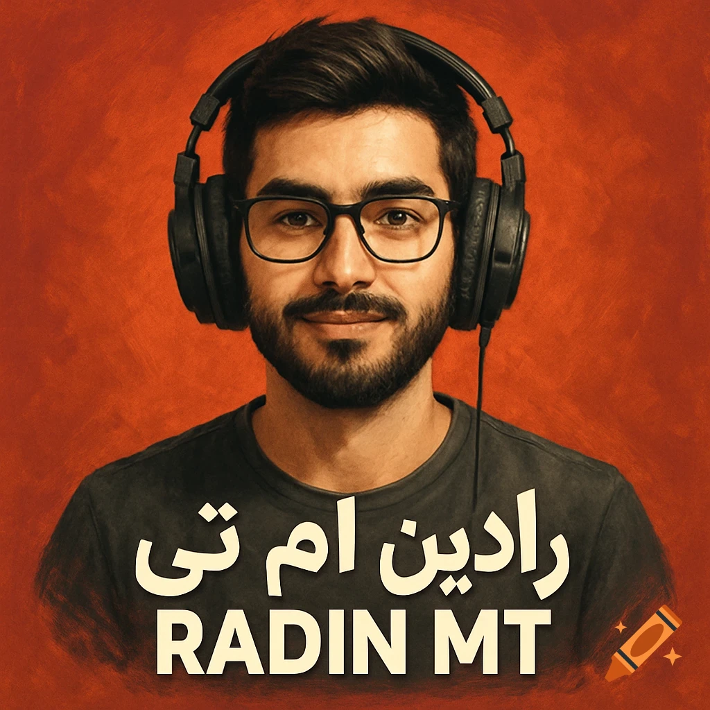 Portrait of a man with headphones and glasses on a reddish background, text on shirt says RADIN MT and Radin MT in Arabic script.