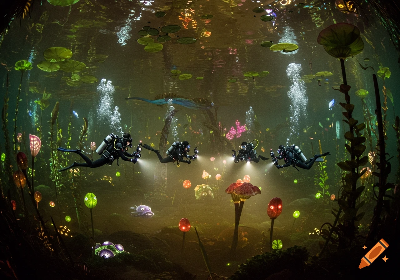 Scuba divers explore a glowing, surreal underwater forest with strange plants and lily pads on the surface.