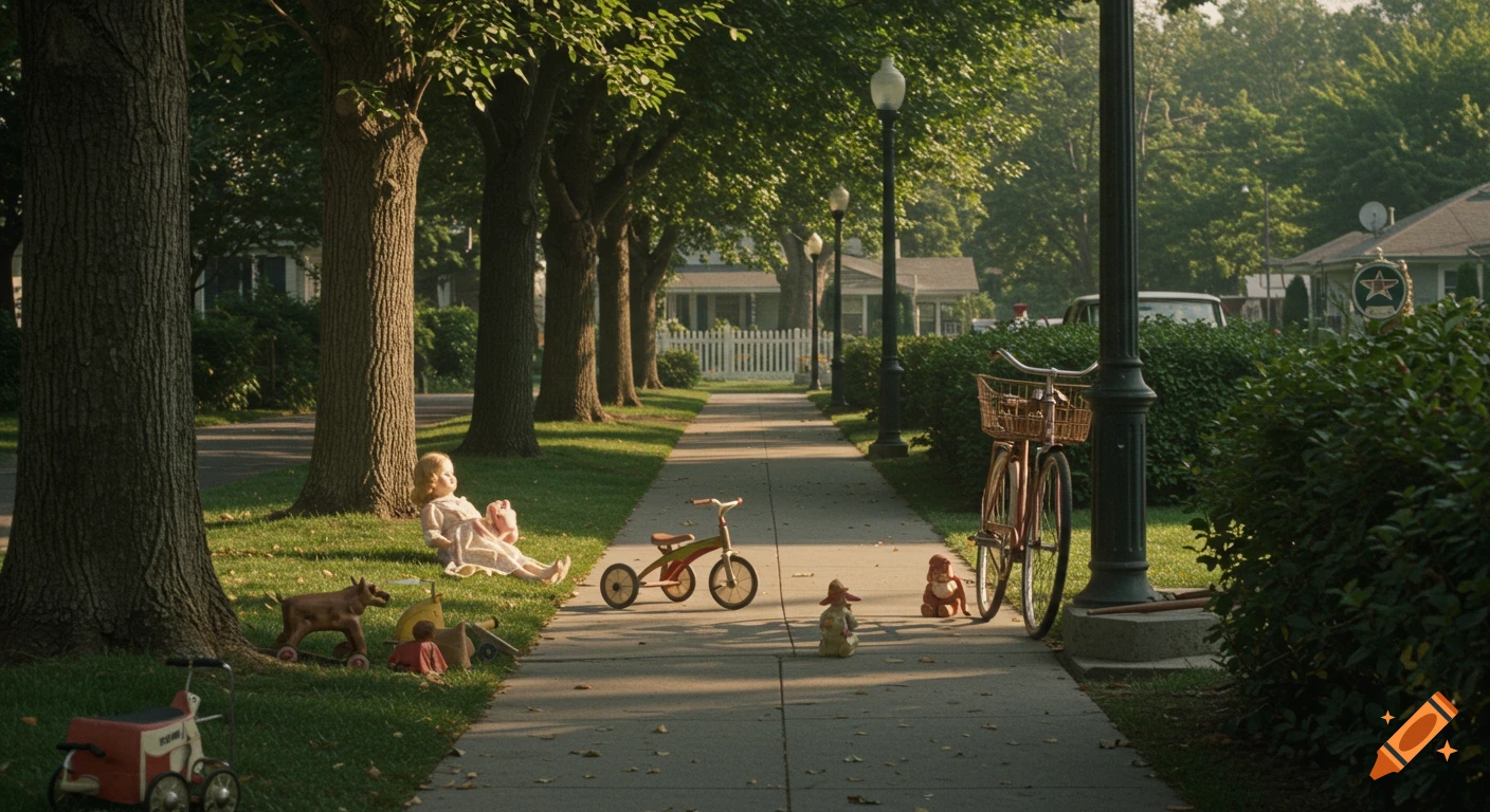 Photorealistic image of a 1950s suburban sidewalk with toys, a doll, and a bicycle.