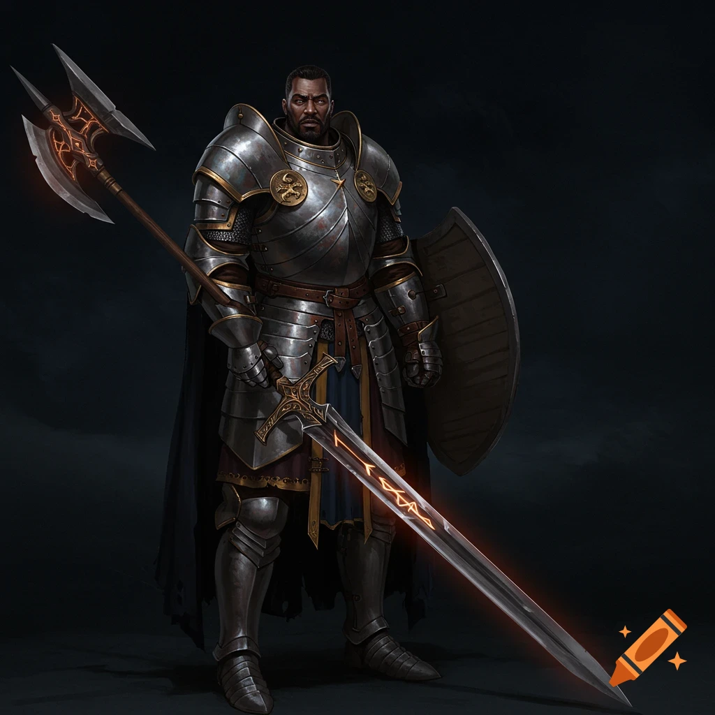 A detailed illustration of a black knight in full armor holding a glowing sword and axe-spear.