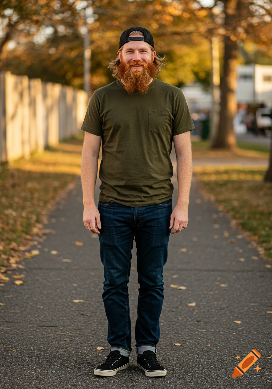 A man with a beard and baseball cap stands on a path in autumn.