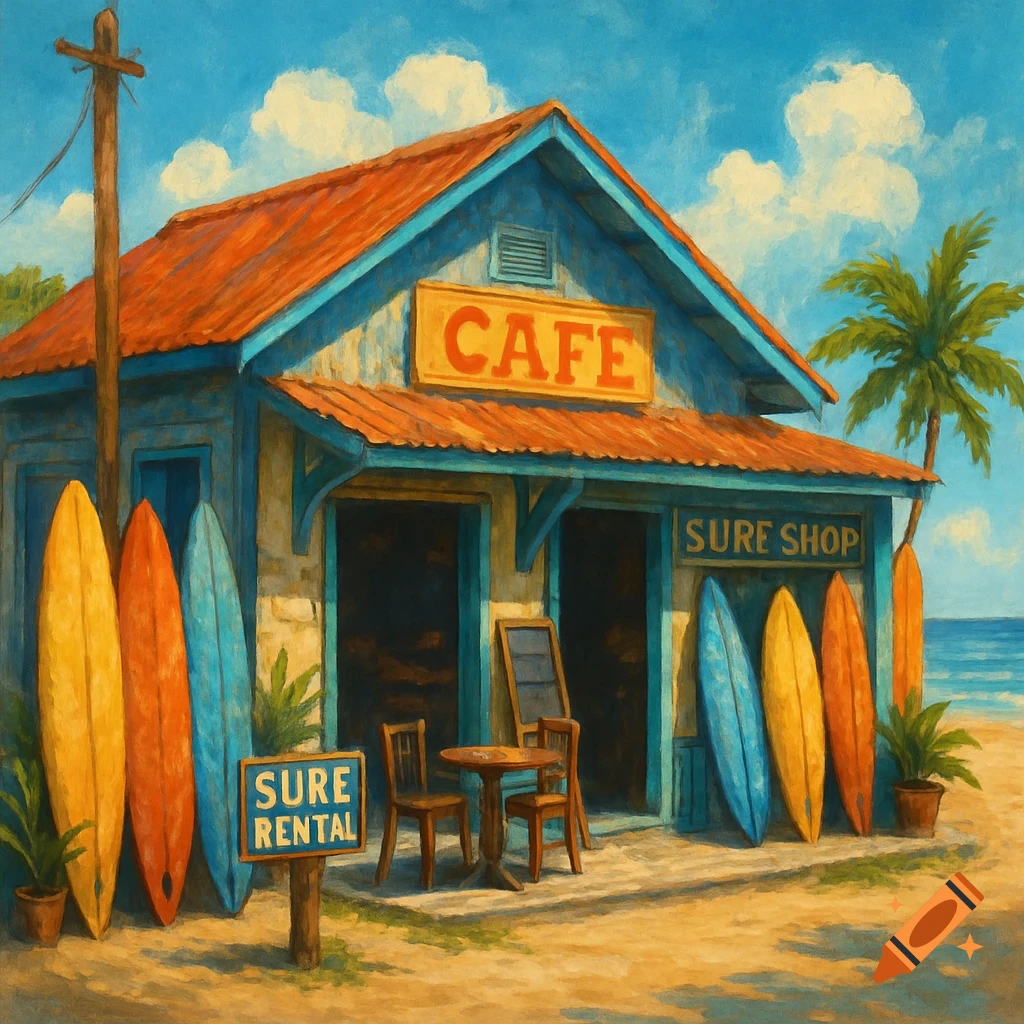A painted scene of a beachside cafe and surf shop with surfboards outside.