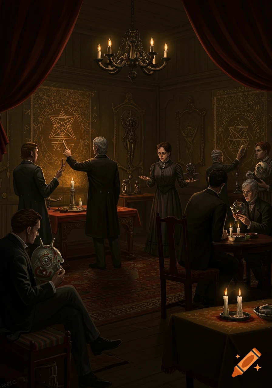 A group in Victorian clothing performs an occult ritual with strange symbols in a dim room.