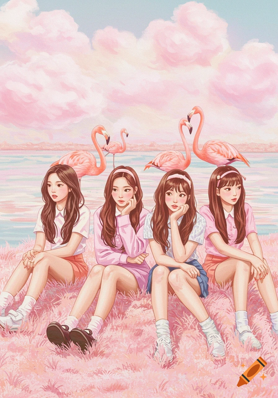 Illustration of four girls sitting in pink grass by a lake with flamingos.