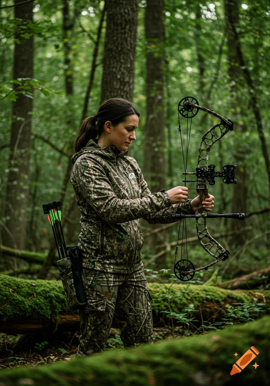 Woman in camouflage holding a bow and arrows in a forest.