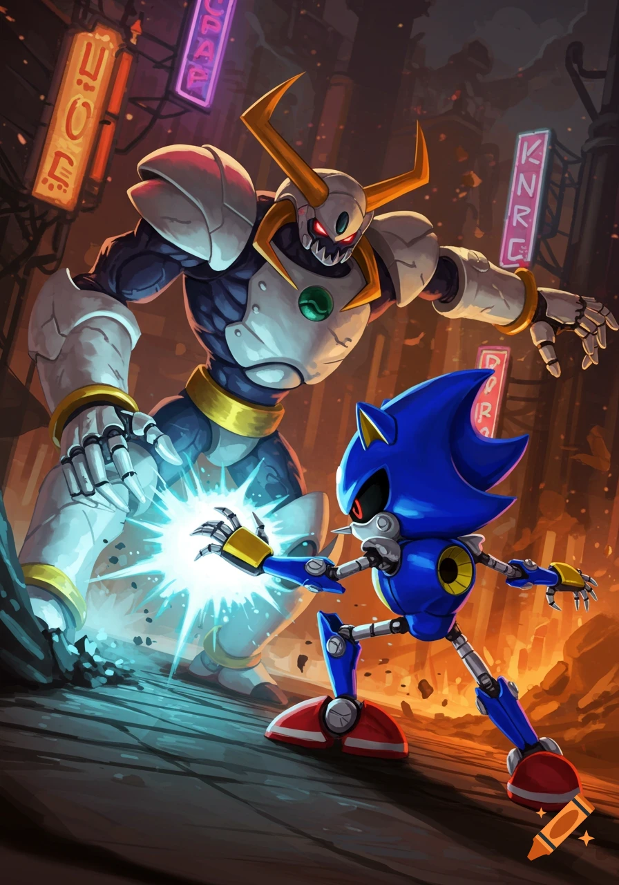 Metal Sonic attacks the giant robot Kolossos in a ruined city street, surrounded by neon signs.
