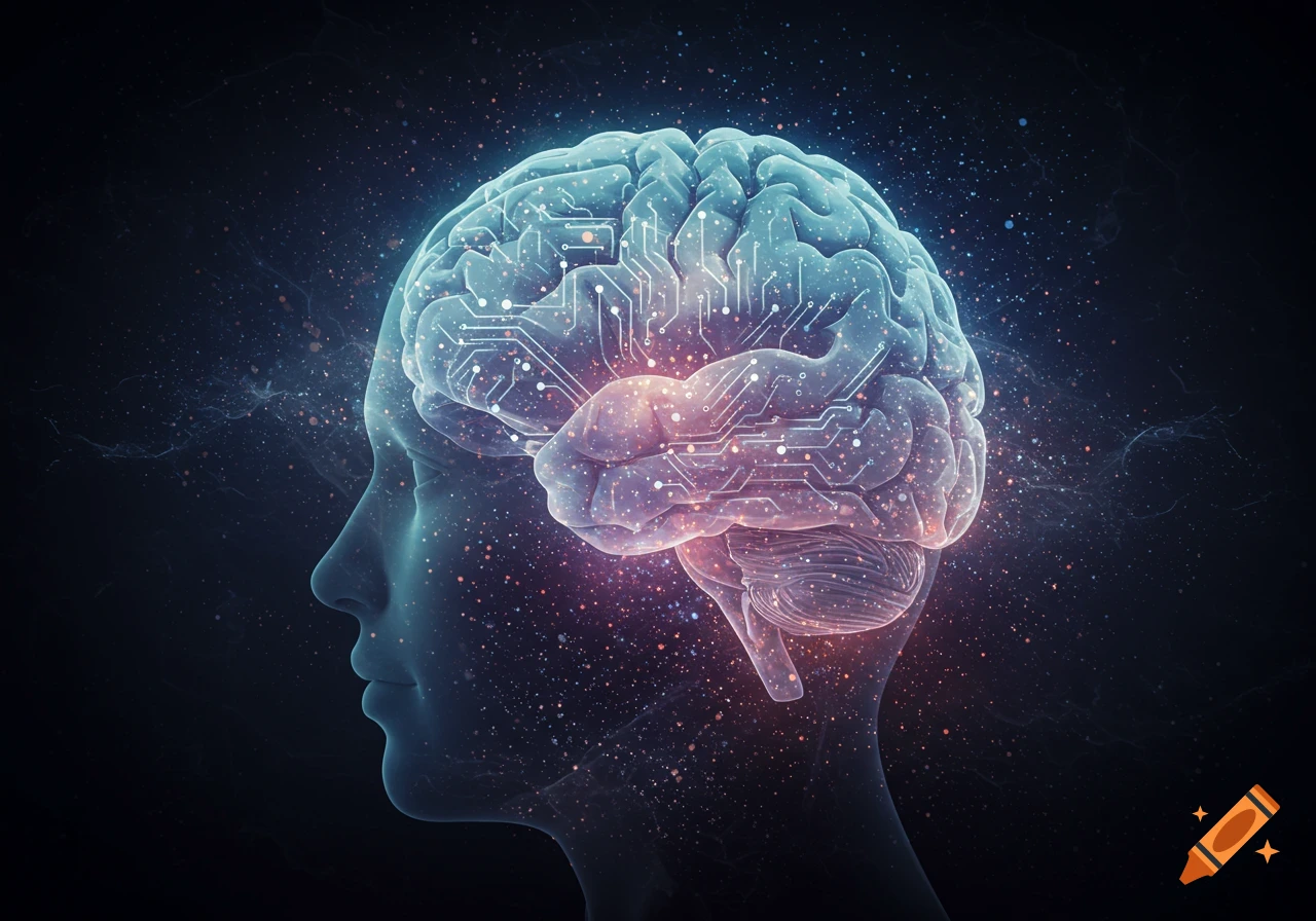 Profile view of a translucent human head with a circuit-filled brain against a dark, starry background.