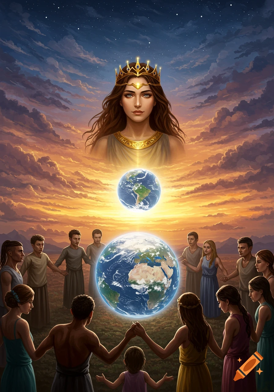 Fantasy digital art of a crowned woman floating above people holding hands around Earth under a sunset sky.