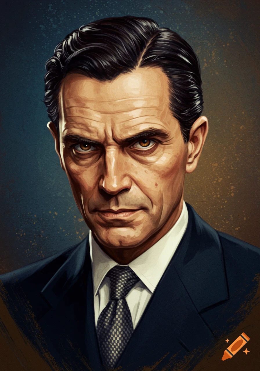 A painterly portrait of a man in a suit with an intense stare.