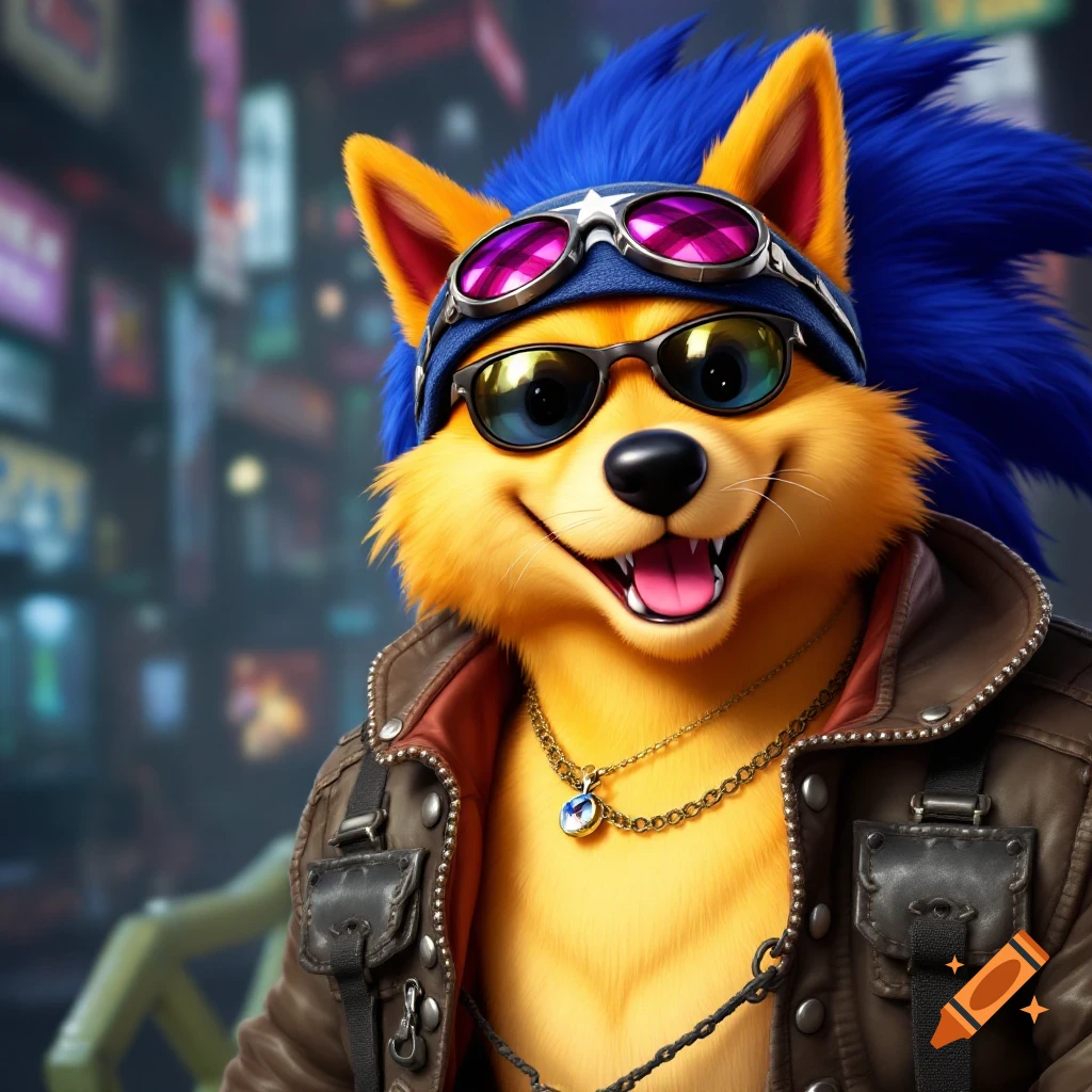 An orange furry character with blue hair, goggles, and a leather jacket stands against a blurred city background.
