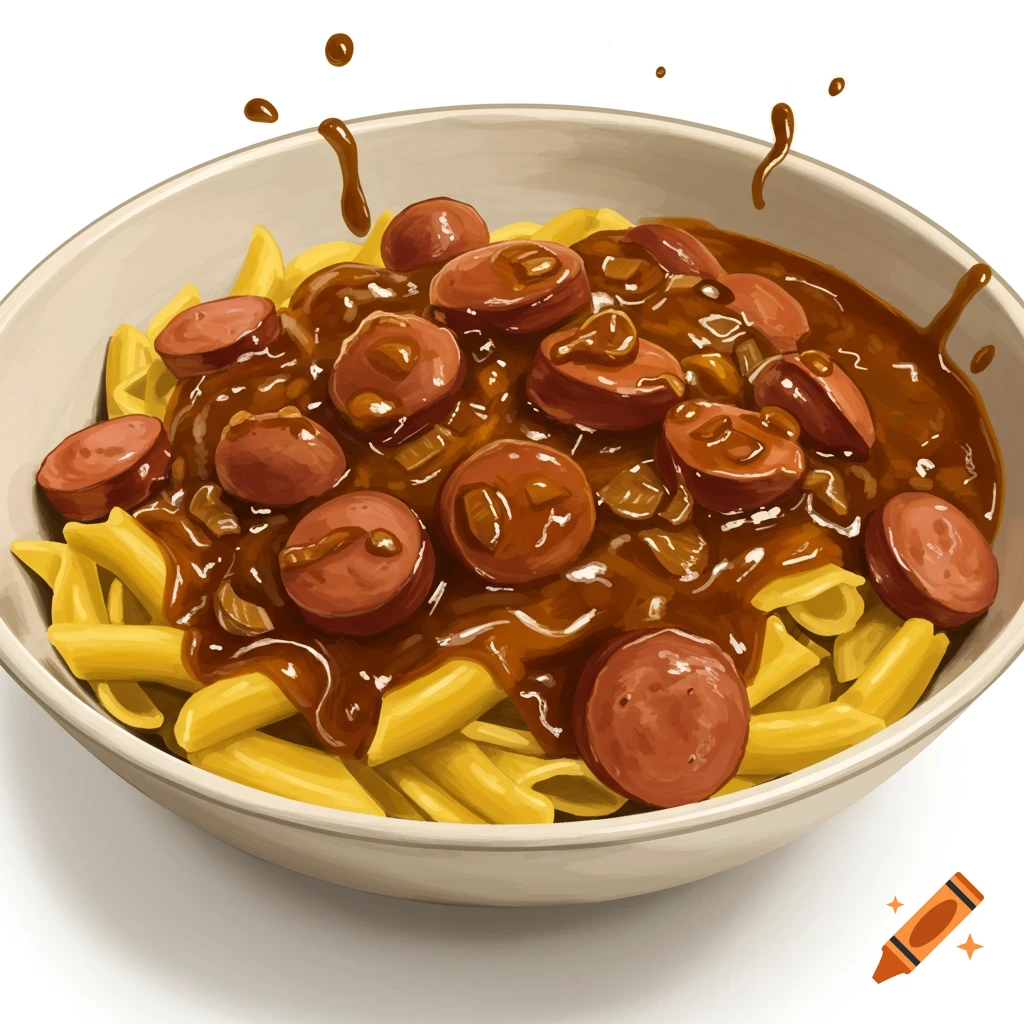 A bowl of penne pasta topped with sliced sausage and a thick brown sauce, with sauce splatters above.