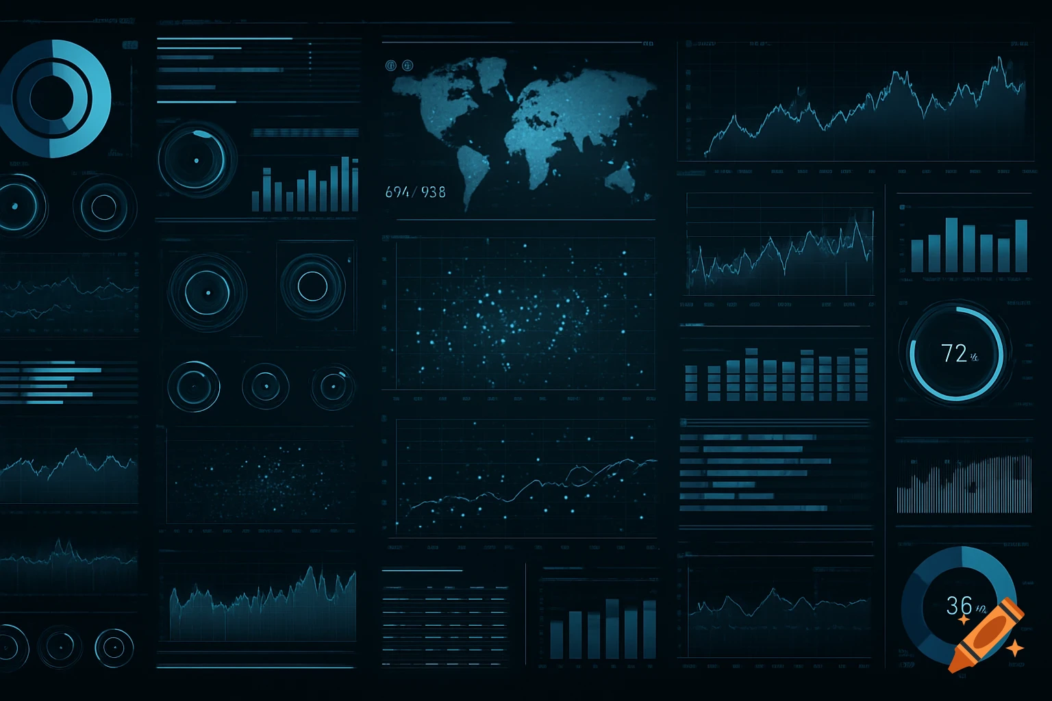 A dark digital interface displays graphs, charts, a world map, and data points.