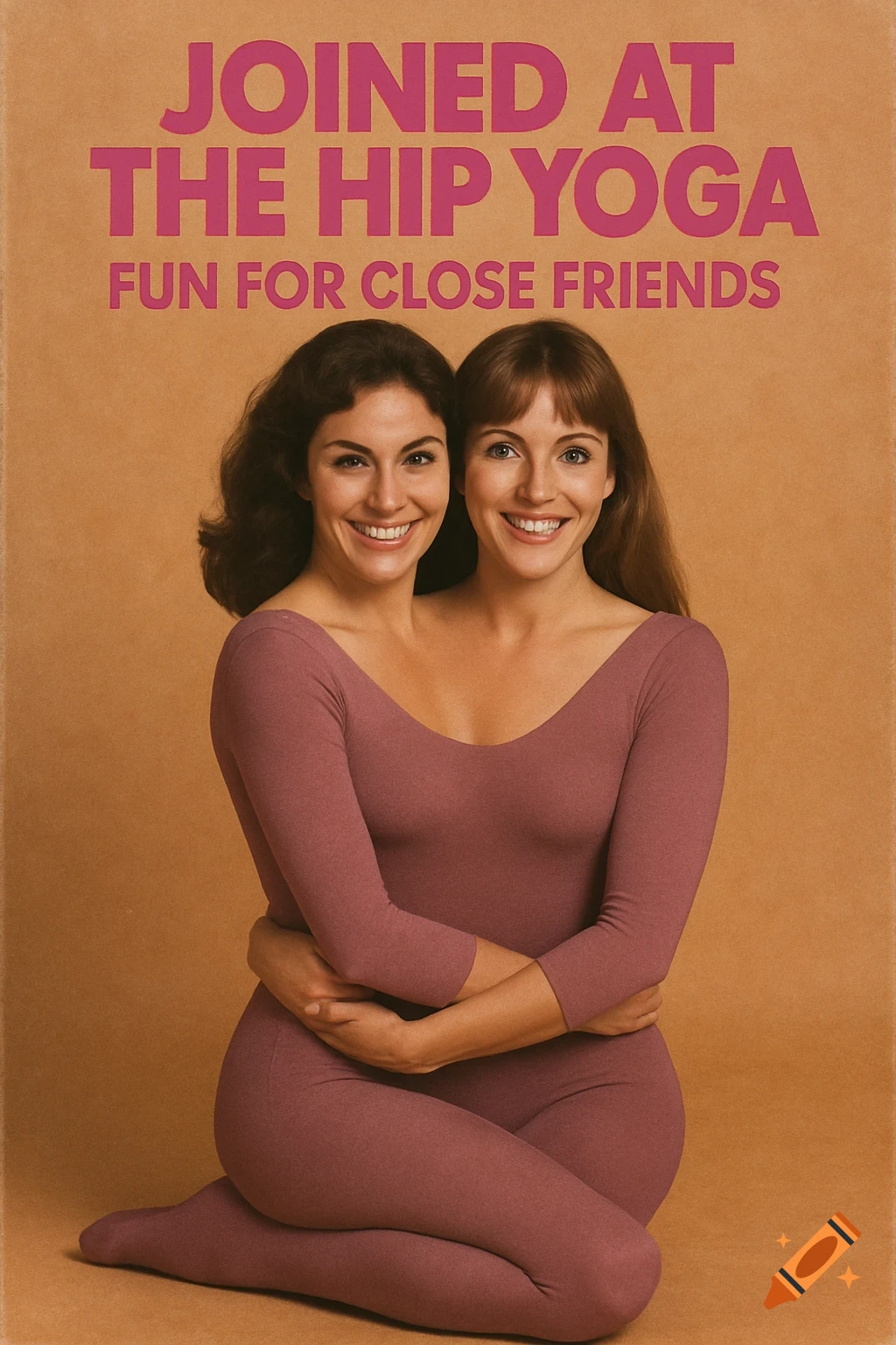 Two women in matching bodysuits pose closely to create a merged figure illusion under the text 'JOINED AT THE HIP YOGA FUN FOR CLOSE FRIENDS' in a vintage 1980s style.