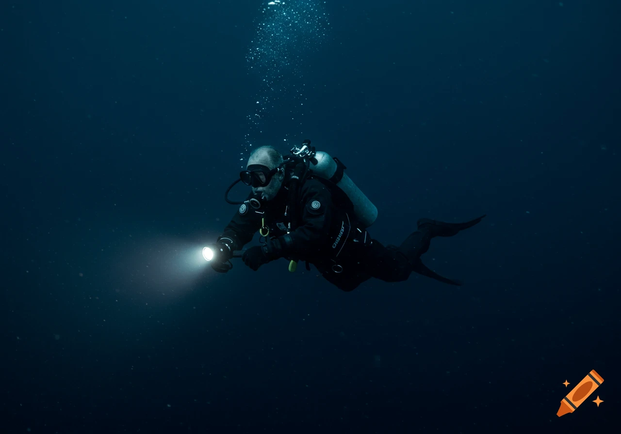 Scuba diver shines a light in dark ocean water.