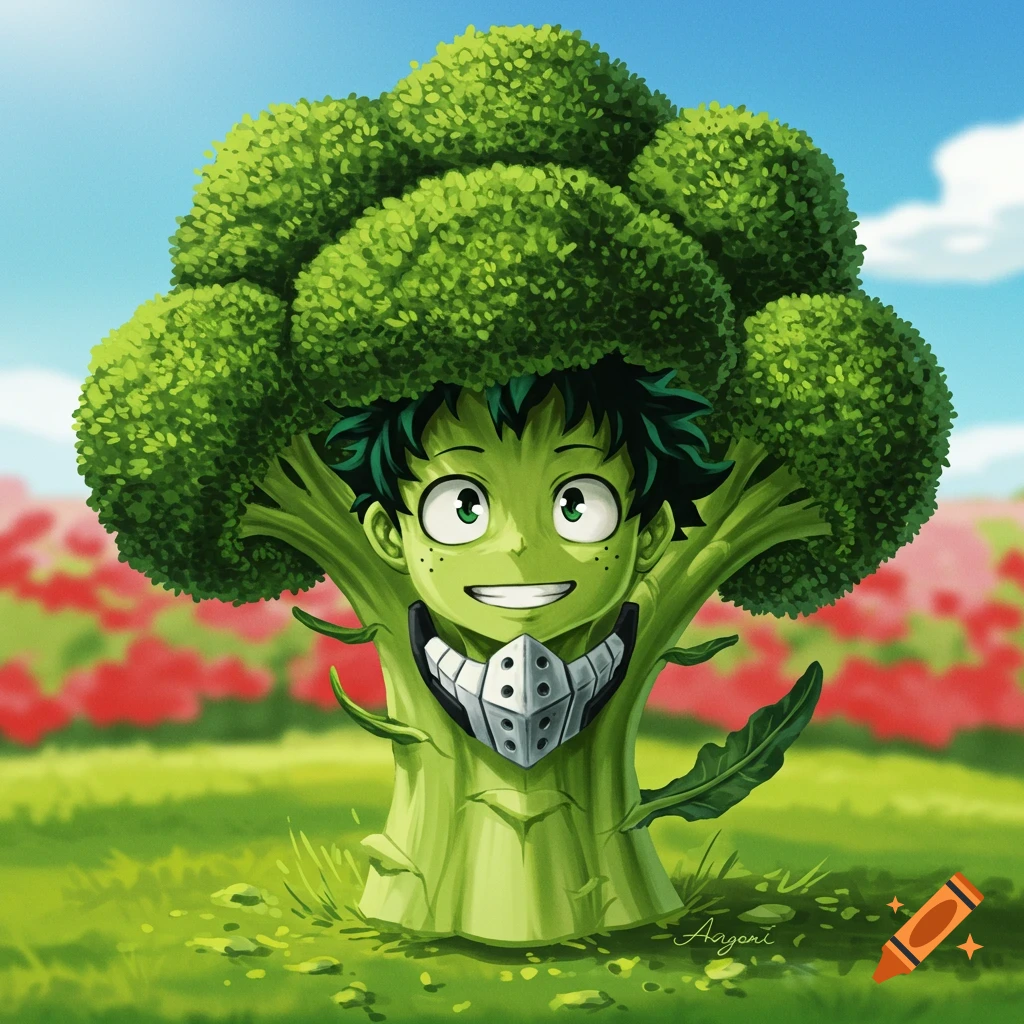 Anime character's face inside a broccoli plant in a field.