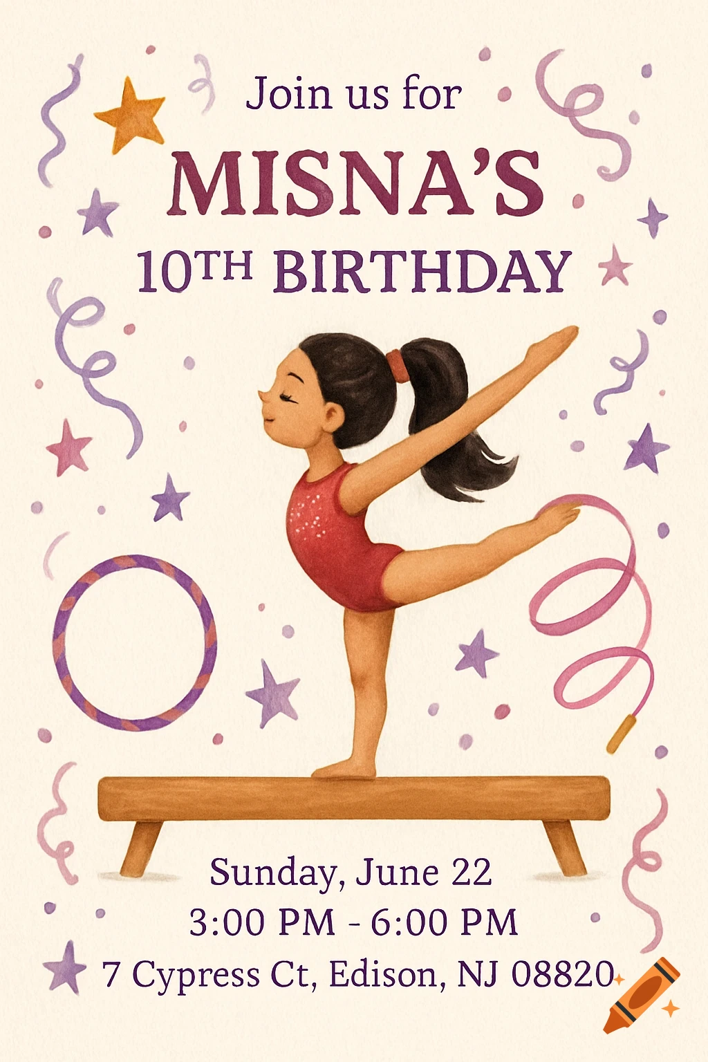 Birthday invitation with a cartoon girl doing gymnastics on a balance beam, stars, and ribbons.