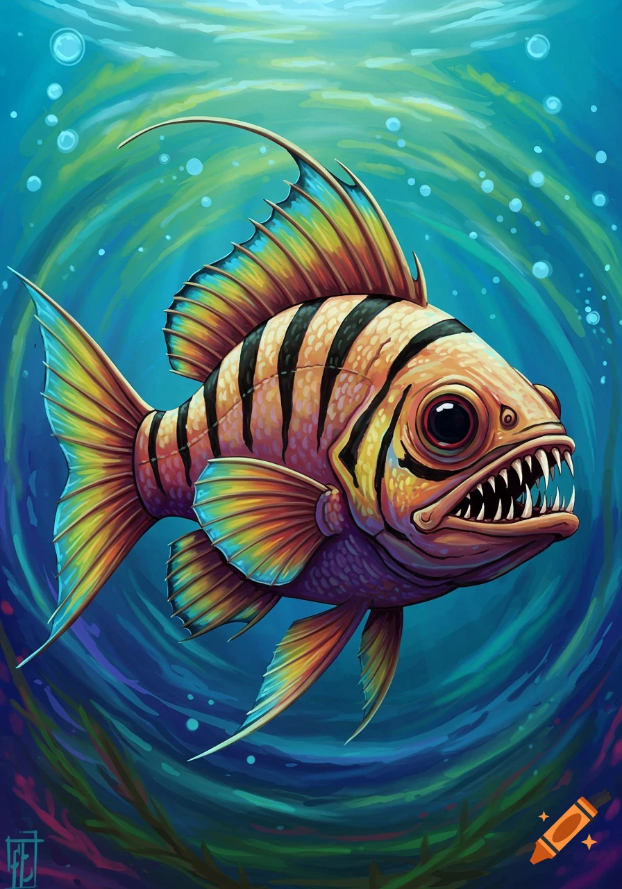 A colorful, stylized illustration of a fish with black stripes and large teeth swimming underwater.