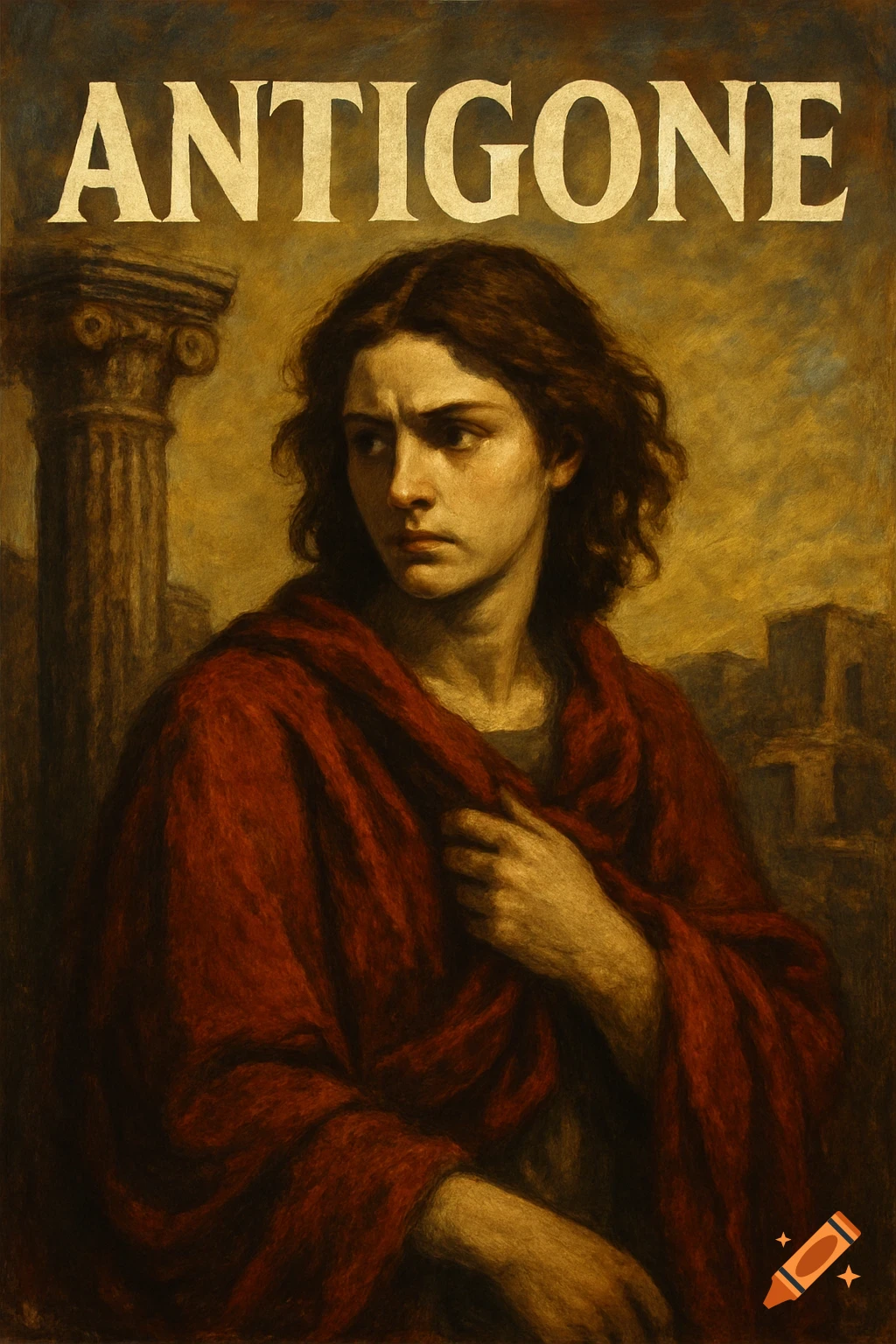 Painting of a person in a red cloak looking left, standing near a broken column with ancient ruins in the background. Text reads "ANTIGONE".