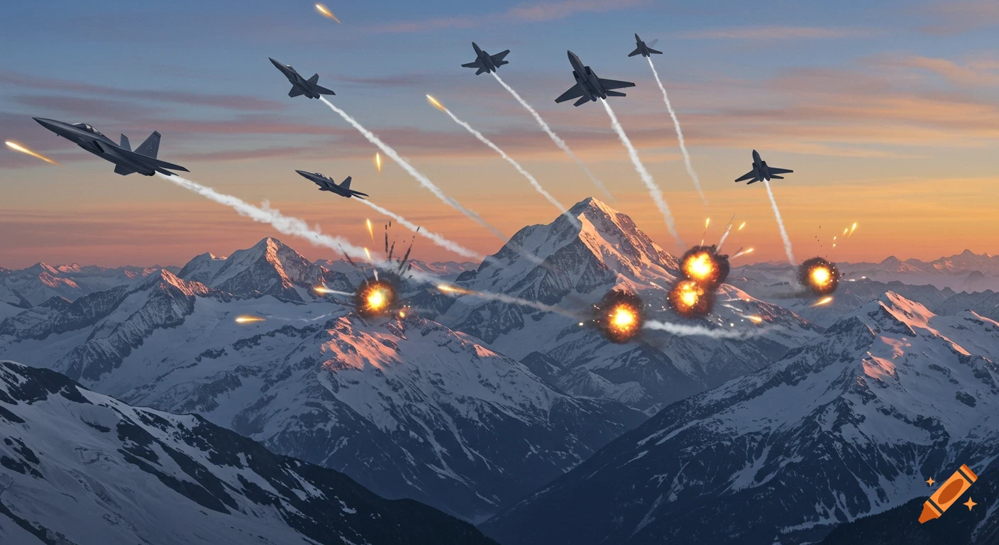 Fighter jets fly and explode over snowy mountains at sunset