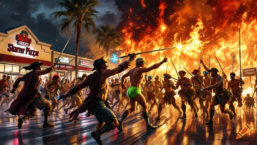 A chaotic battle scene in front of a burning strip mall, featuring fighters in 1990s clothing, including a man in green speedos.