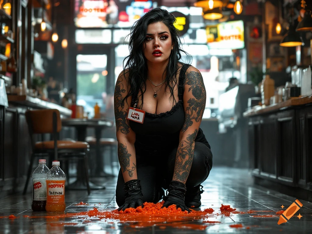 A tattooed woman with gothic makeup kneels to clean a spill on the floor of a restaurant.