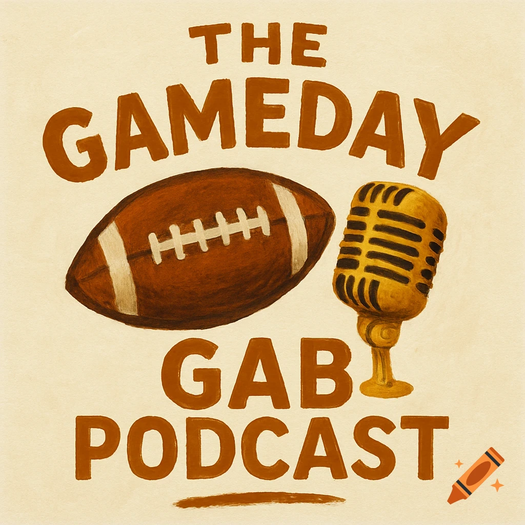A logo featuring a football and a microphone with the text "THE GAMEDAY GAB PODCAST".