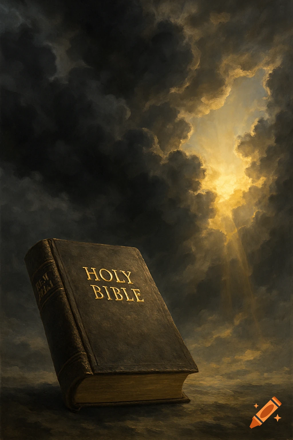 Dramatic painting of a Bible under dark clouds with light rays breaking through.