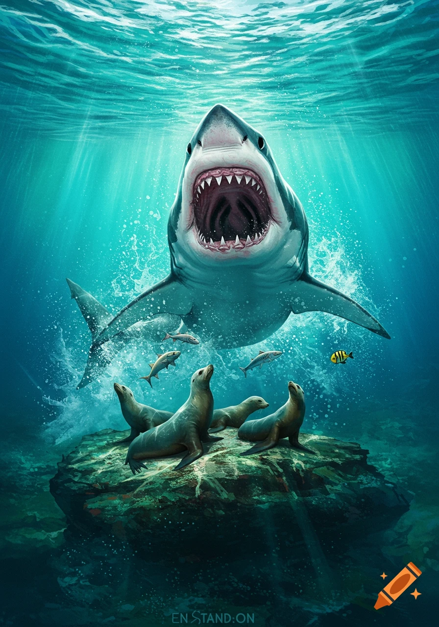A great white shark lunges at seals on a rock underwater.