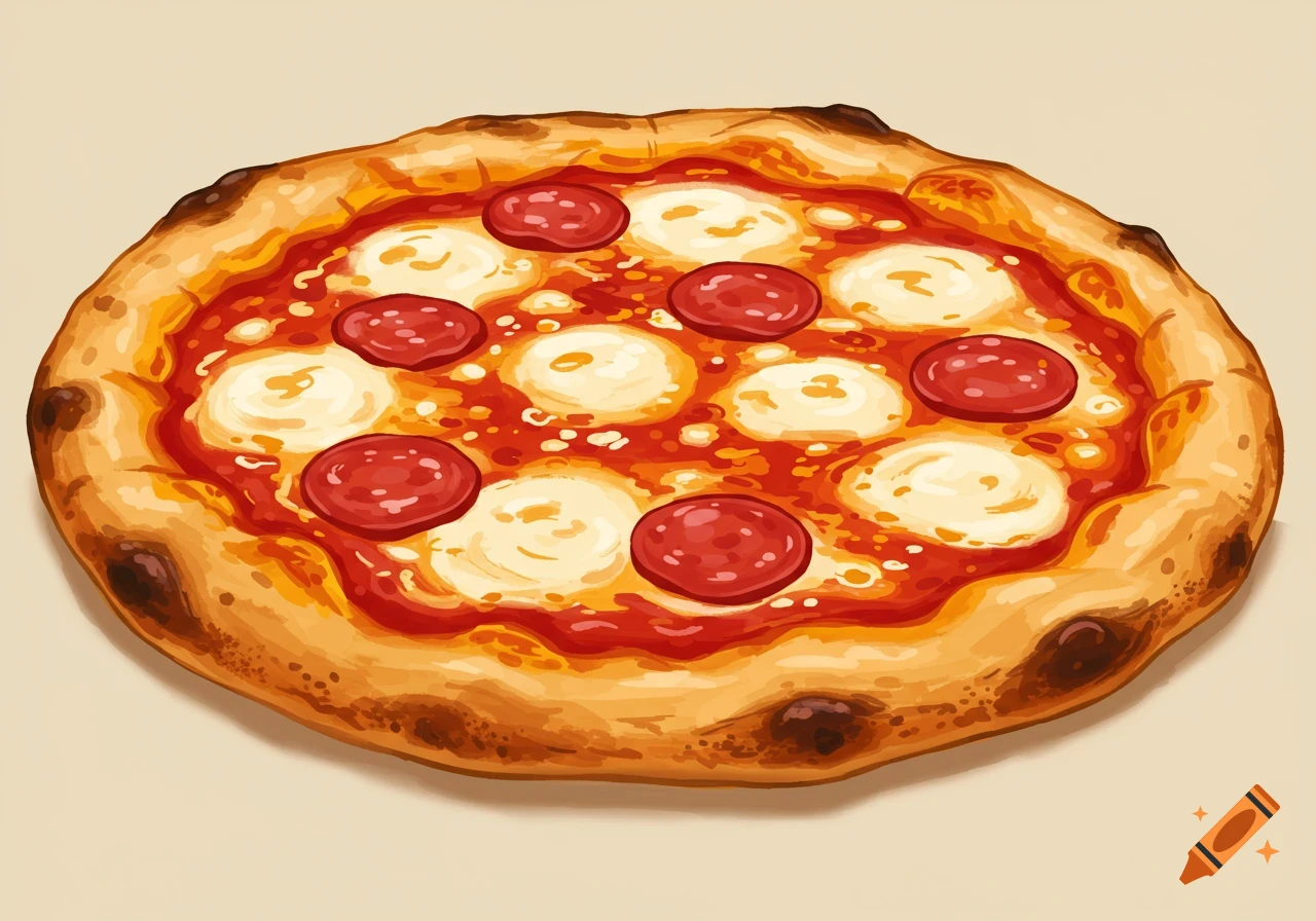 An illustrated pepperoni and mozzarella pizza.