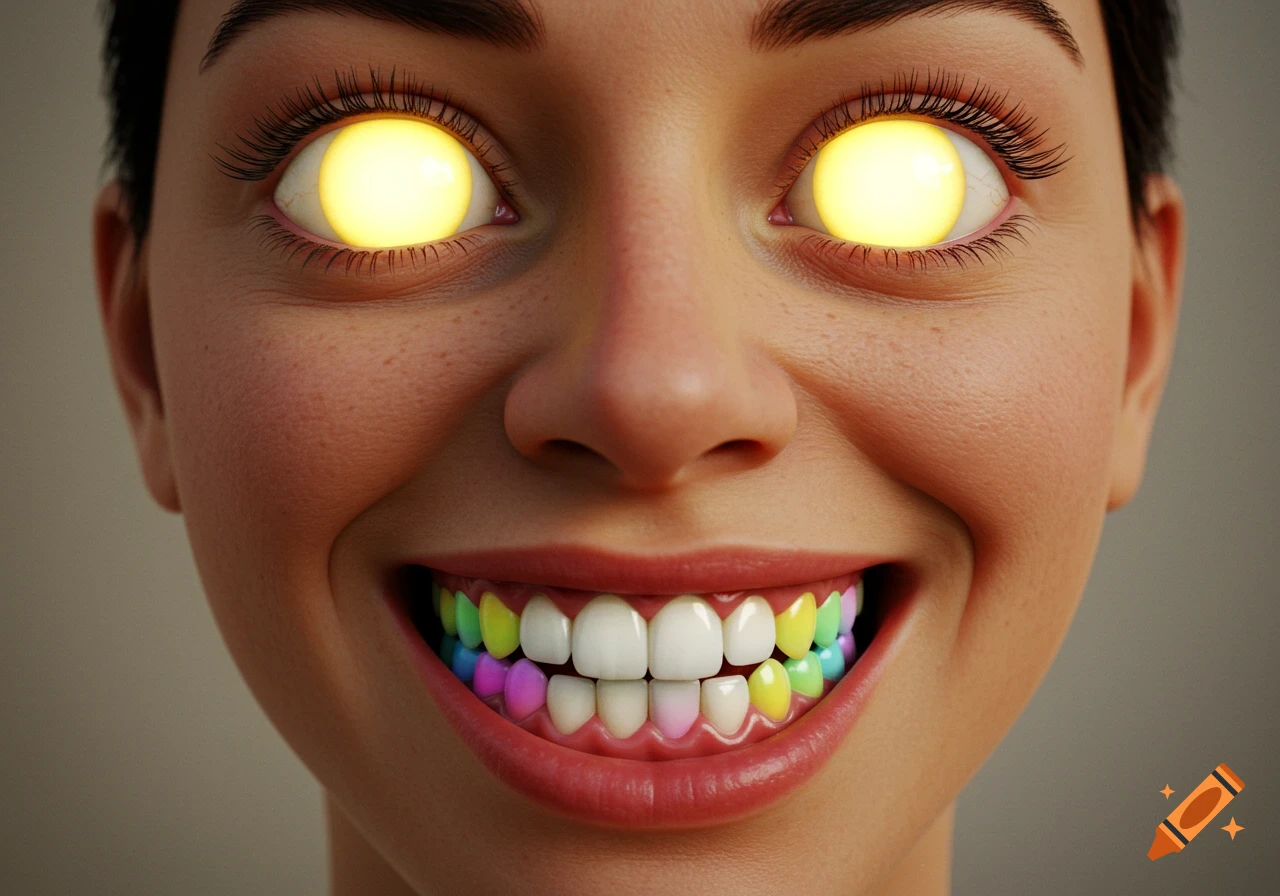 A photorealistic close-up portrait of a smiling person with glowing yellow eyes and rainbow-colored teeth.