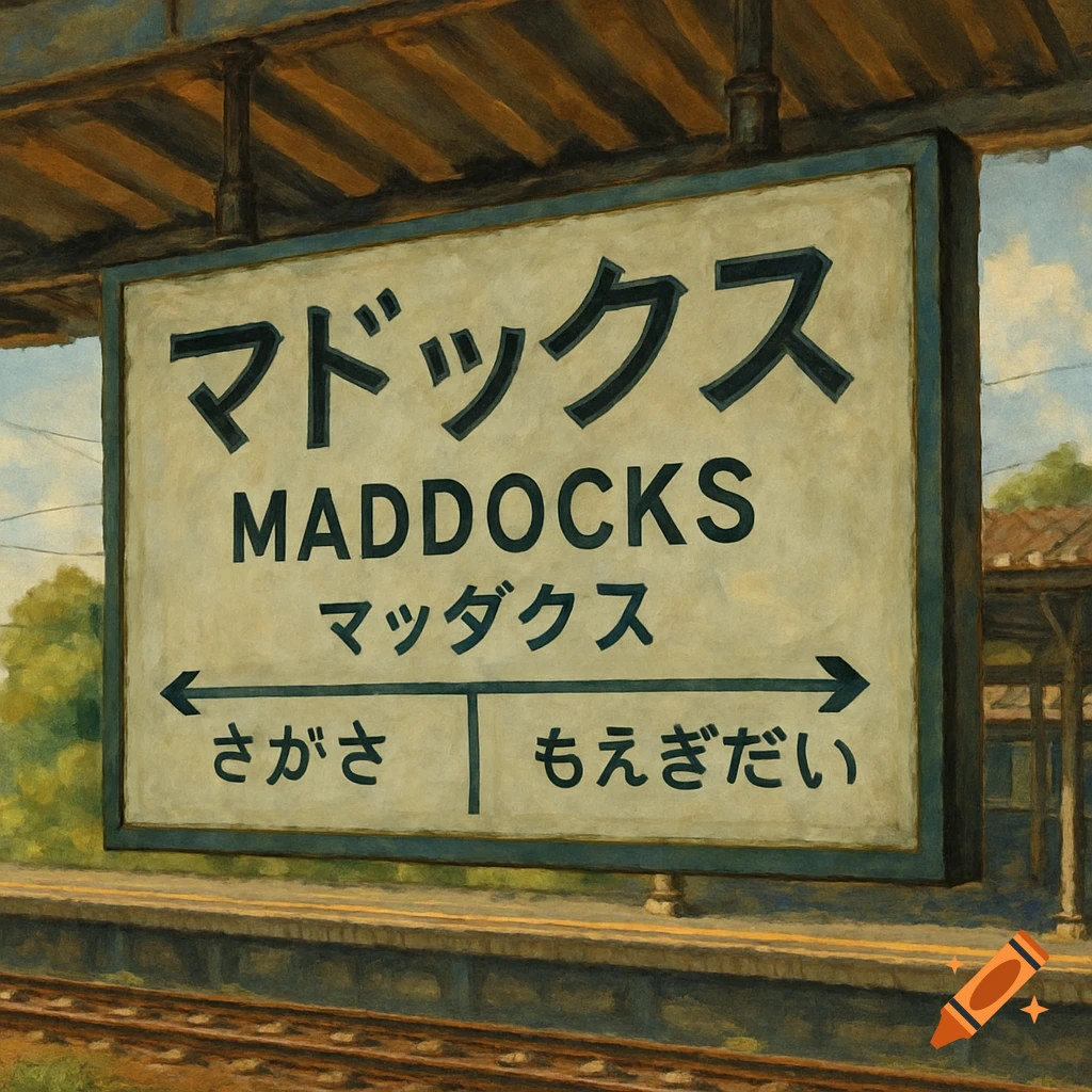 Painterly image of a Japanese train station sign that says MADDOCKS.