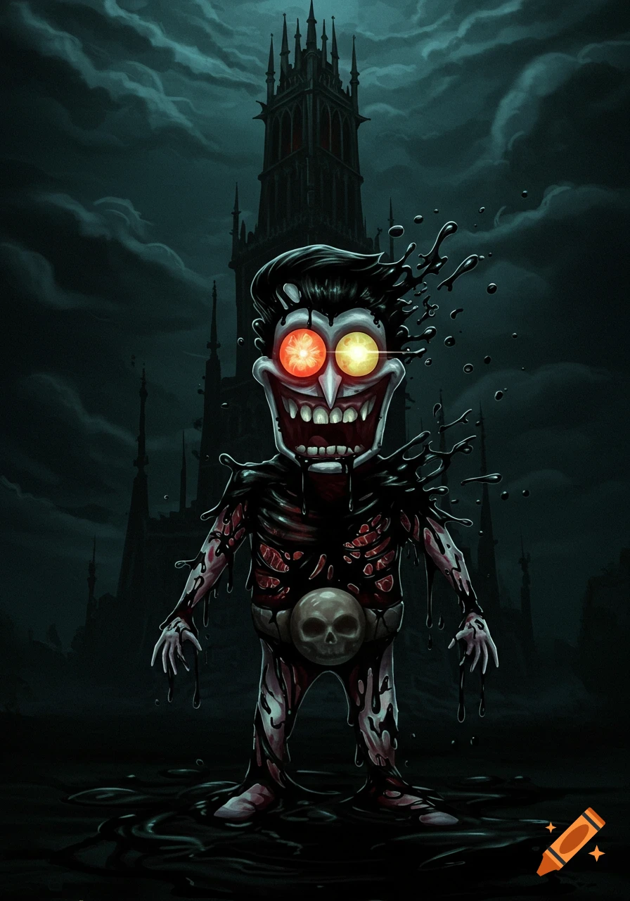 A grotesque character with glowing eyes and dripping black goo stands before a dark gothic tower under a stormy sky.