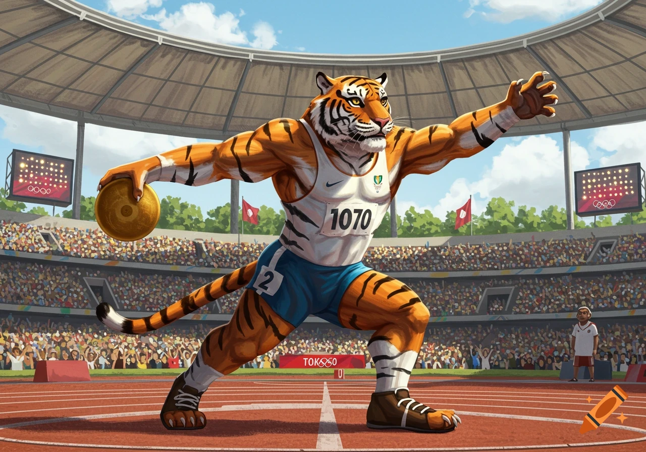 An anthropomorphic tiger athlete throws a discus in a large stadium during the Olympics.