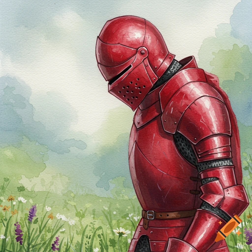 A sad red knight in full armor stands in a field of flowers, painted in watercolor style.
