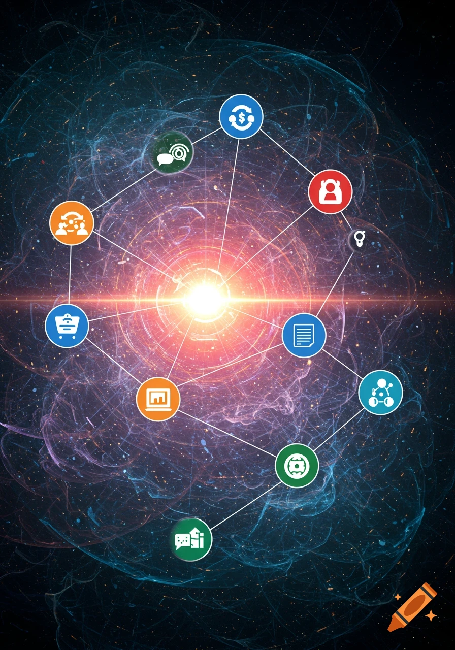 A network diagram of icons connected by lines against an abstract, swirling background with a central bright light.