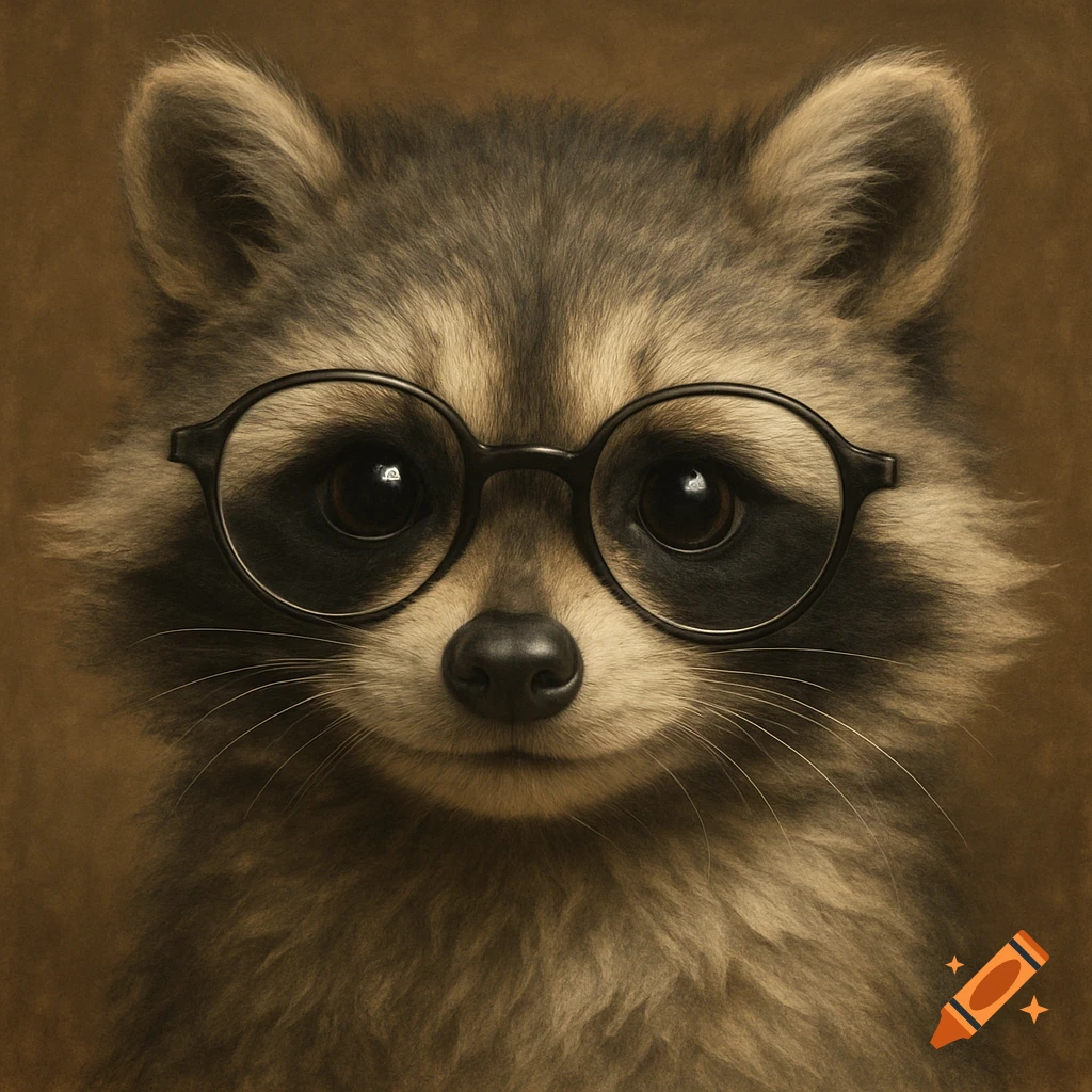 Close-up portrait of a cute raccoon wearing round glasses.