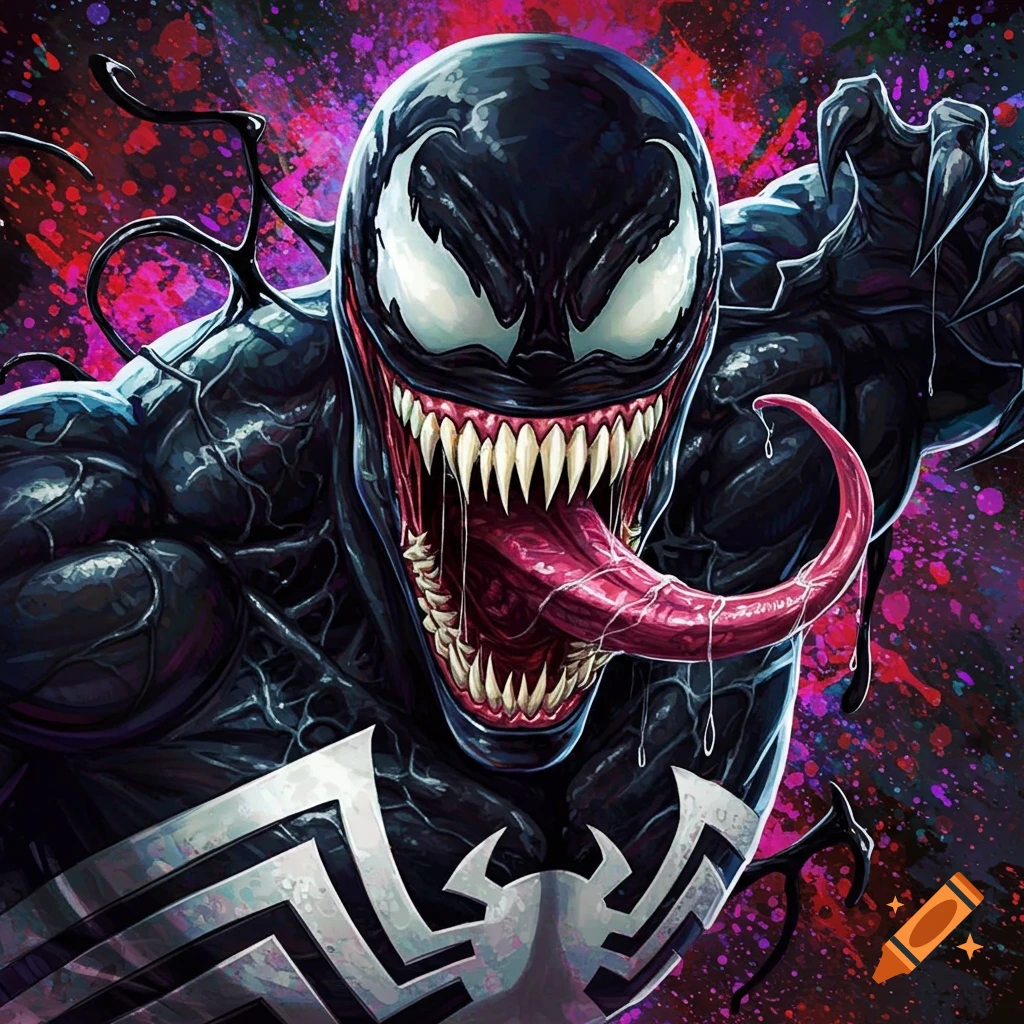 Close-up illustration of Venom roaring with tongue and teeth, against a colorful splatter background.