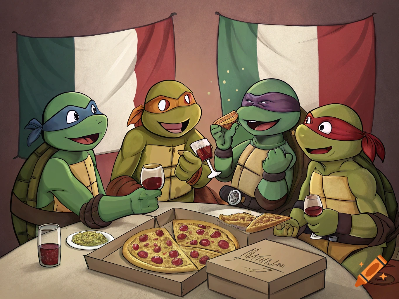 Four Teenage Mutant Ninja Turtles characters eating pizza and drinking wine around a table under Italian flags in a cartoon style.
