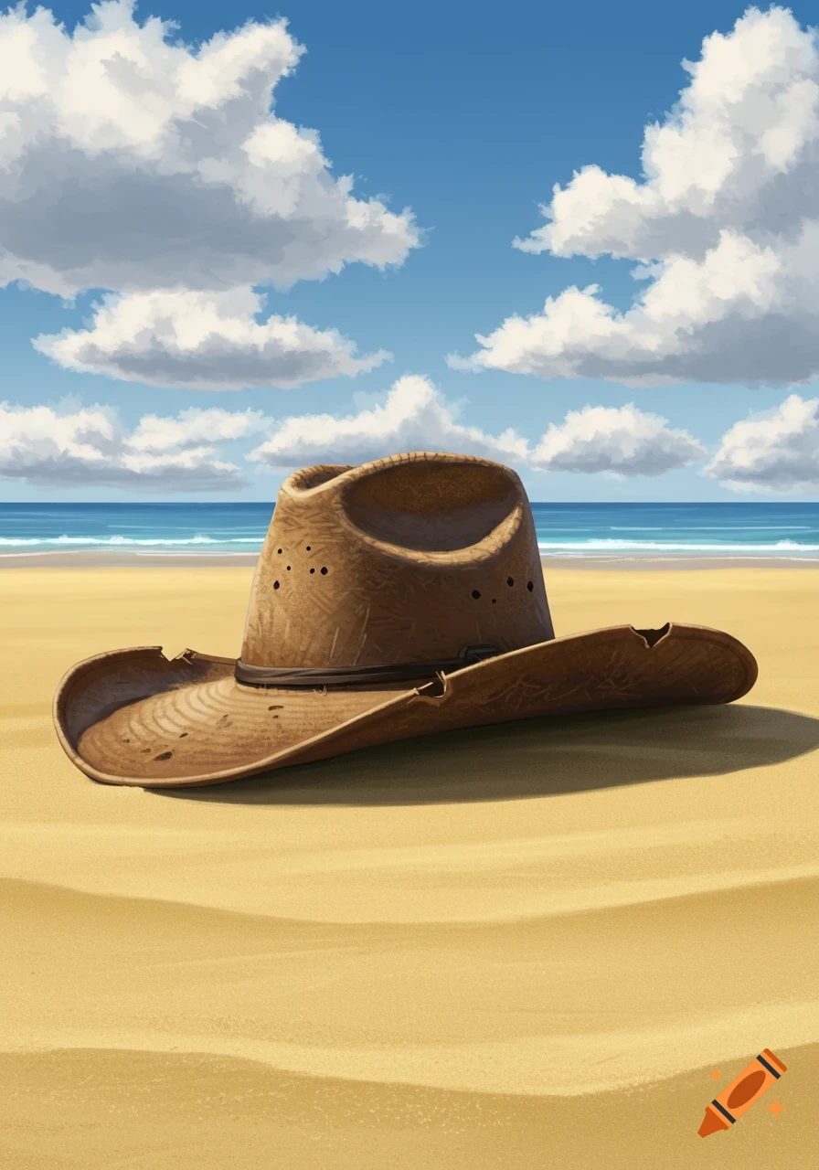 A cowboy hat sits on a sandy beach with the ocean and clouds in the background.